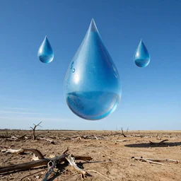 very big raindrops floating in a perfect blue sunny sky above dead land, hyper detailed photorealistic, saturated colors