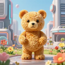 portrait of haribo bear in future city, color and shape focus, central composition, natural light, bloom, puff, by simon stalenhag and rene