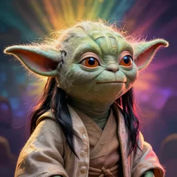 still of yoda when he was very young!!. long black hair. smooth skin. face looks like young albert einstein and stuart freeborn. less wrinkles. samourai. technicolor