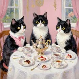 calico cat trio enjoying a fancy english tea party, painted by neo rauch
