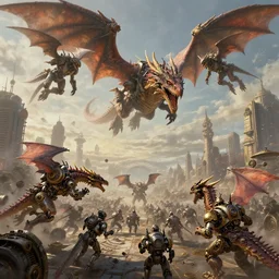 An army of dragons fighting against mechanic steampunk angels, on the skies of a steampunk city, epic,  matte painting, steampunk fantasy, artstation