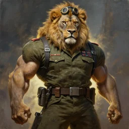 high detail backlit cinematic oil painting portrait , epic pose muscular mutant oversized lion is wearing army pilot uniform