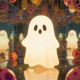 cute ghost in infinity mirror room by yayoi kusama, anime emoticon, warm lighting, highly detailed, artstation