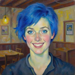 a beautiful painting of a smiling woman with stylish short blue hair and sparkling blue eyes in a rustic saloon representative of the art style of artgerm and wlop and peter mohrbacher