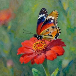 a butterfly on a red flower, impressionist