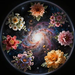 An epic fantastic realism comic book style painting of the most beautiful flowers launched into space, bouquets, dark cosmos and glorious nebula, fisheye lens, unreal 5, DAZ, hyperrealistic, octane render, dynamic lighting
