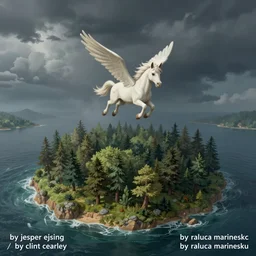 detailed fantasy illustration of a tiny white pegasus flying high above a lush forested island far below on a stormy day, wide - angle, trending on artstation, digital art ( by jesper ejsing ) ( by clint cearley ) ( by raluca marinescu )