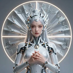 symmetry!!!! intensely intricate fan art full front pose, strikingly beautiful alluring young cyberpunk cybernetic girl with perfect skin, rim light, intricate headdress of liquid neon energy, ultra - fine detail, deep space, art nouveau futuristic background, heavily detailed, spherical mesh wire, digital art by artgerm, mucha, loish, wlop, kilian eng, artstation