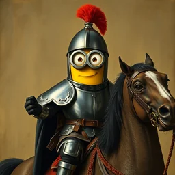 despicable me minion in a suit of armor riding a horse, medieval painting, titian painting, late renaissance
