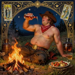 a dramatic, epic, ethereal painting of a !!handsome!! thicc mischievous shirtless cowboy with a beer belly wearing a large belt and bandana offering a whiskey bottle | he is relaxing by a campfire | background is a late night with food and jugs of whisky | homoerotic | stars, tarot card, art deco, art nouveau, intricate | by Mark Maggiori (((and Alphonse Mucha))) | trending on artstation