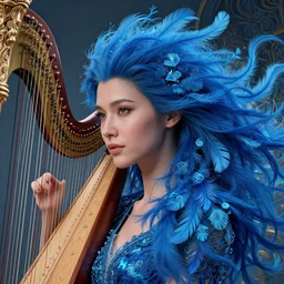 rhythm of the wind, beauty portrait, azure. detailed hair, fractal feathers, harp, ornate, intricate environment, fantasy art by ilya kuvshinov, peter mohrbacher, greg rutkowski, ross tran, craig mullins, thomas kinkade, victo ngai. unreal engine 5 highly rendered, blender, octane, ray tracing. sharp focus, post processing