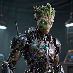 human goth groot ; adult male 3 0 years ; glowing green eyes ; scientist ; sharp facial features ; slender ; vampire ; wearing high tech armour ; robot ; trending on artstation ; high detail ; digital art