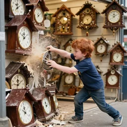 3 0 year old man with red hair aggressively smashing up a shop that sells only cuckoo clocks