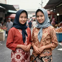 color photo portrait of two indonesian girls in the market district, 1 9 9 0 photograph magazine
