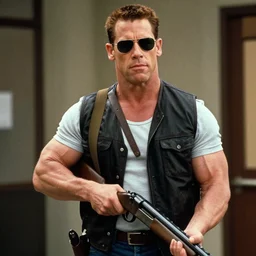 film still of John Cena as Nada wearing wayfarer sunglasses and holding a shotgun with a bandolier in Bank scene in They Live 1988