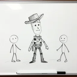 a whiteboard sketch of toy story, marker pen, single line, stick people, black on white