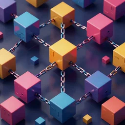 a cyberpunk colorful cubes interconnected, chains connecting separate blocks, blockchain, symmetry, intricate, volumetric lighting, beautiful, rich deep colors masterpiece, sharp focus, ultra detailed, in the style of john harris