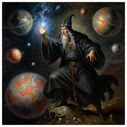 wizard conjuring magic around floating planets. pulp sci - fi art for omni magazine. baroque period, oil on canvas. renaissance masterpiece.
