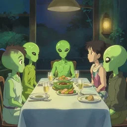 alien dinner party, serene evening atmosphere, soft lens, soft light, cel - shading, animation, in the style of cgsociety, deviantart, artstation, zbrush, cinema 4 d, studio ghibli, akihiko yoshida, atelier lulua, masamune shirow