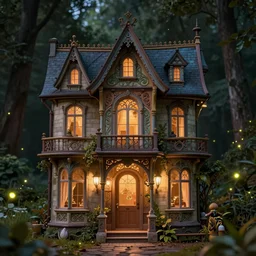 a stunnng victorian fairy house, art nouveau, ultra detailed, warm interior light, cinematic shot, photorealistic, octane render, high definition, fine details, fairy mood, fireflies, 8 k