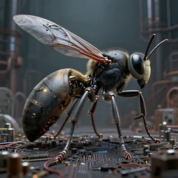 intricate wasp, cyberpunk cyborg wasp, matte textured plastic shell, hinge pins, titanium, wires, jointed, glowing LEDs, cables, antennae, circuitry, chips, capacitors, dramatic lighting, highly detailed by H.R. Giger and WLOP and Ernst Haeckel, background urban industrial, octane engine render 8k HDR