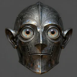 anthropomorphic knight head in iridescent darkyiron mr bean giant pupils, intricate, elegant, highly detailed face, wide angle, digital painting, artstation, concept art, sharp focus, illustration, art by artgerm, bob eggleton, stephen hickman, richard corben, wayne barlowe, greg rutkowski, alphonse mucha, 8 k