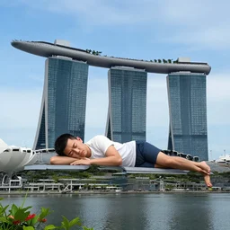 a giant guy sleeping on top of marina bay sands