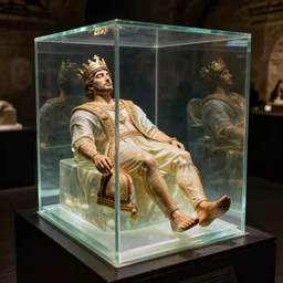a completely transparent glass cube in which the young handsome king's body has been perfectly preserved. he is dressed in all casual regal garments. his body is beautifully preserved and the display is magnficent. the display is in the darkness of the catacombs and is beautifully lit, he has natural color and is posed in a relaxed way.
