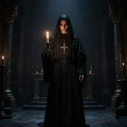 satanic priest in a dark room holding a candle, hyper realism, 4 k, extra large