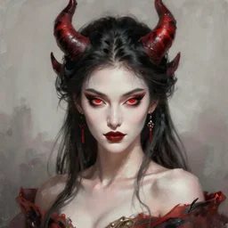 attractive demon queen with red eyes painting by gaston bussiere, craig mullins, luis rollo, torso portrait, digital painting, highly detailed, artstation, sharp focus, illustration, concept art