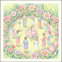 an absurdly-detailed isometric party in the flower garden colored-pencil drawing as a fancy square tile. pastel palette