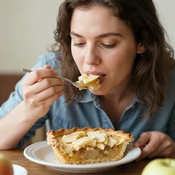 a trans woman eating a slice of apple pie, photorealistic