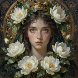 breathtaking detailed concept art portrait painting of the goddess of white flowers, orthodox saint, with anxious, piercing eyes, ornate background, amalgamation of leaves and flowers, by Hsiao-Ron Cheng, James jean, Miho Hirano, Hayao Miyazaki, extremely moody lighting, 8K