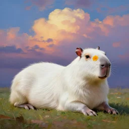 white capybara relaxing, surreal photography, synth dramatic light, impressionist painting, colorful clouds, digital painting, artstation, kilian eng, john harris, bastien lecouffe - deharme, simon stalenhag, flower face