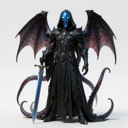 detailed hypperrealistic artstation render, full body front view of a scaly black cloaked man, wearing a metallic blue squid mask. he holds in his hand a large knights blue greatsword, in addition tentacles emerge from his back like wings