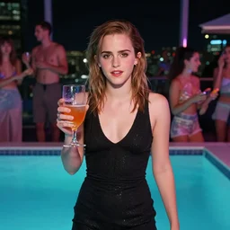 emma watson holding a drink, having fun being the center of attention, in a penthouse pool party at night. sensual, hyper realistic picture. cyberpunk illumination. canon eos r 3, f / 1. 4, iso 2 0 0, 1 / 1 6 0 s, 8 k, raw, unedited, symmetrical balance, in - frame