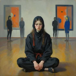 portrait of nervous young ninja girl sitting on the floor focusing in a dance hall by hernan bas and francis bacon and pat steir and hilma af klint, psychological, photorealistic, symmetrical face, dripping paint, washy brush, matte painting, rendered in octane, altermodern, masterpiece