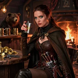 kate beckinsale weared as thief, with detail and beautiful face, shining eyes and pointed nose, holding flask in hand, with knives in bandolier and cloak cape, sit in dark fantasy tavern near fireplace, behind bar deck with bear mugs, lockpicks and pile of gold, medieval dnd, colorfull digital fantasy art, 4k