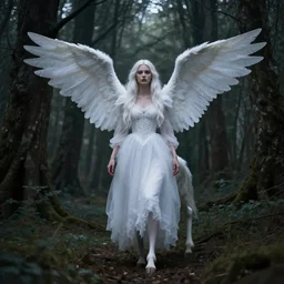 a witch in a white dress, with hooves and wings, stands in a gloomy forest and looks at me, centered, high detailed, wikiart