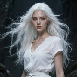 an beautiful goddess in a short sleeved white blouse and white long flowing hair, modern, wet skin, shiny, fine art, awesome fantasy book cover on Pinterest, award winning, dark fantasy landscape, fantasy magic, intricate, elegant, sharp focus, cinematic lighting, highly detailed, digital painting, concept art, art by WLOP and Artgerm and Greg Rutkowski, masterpiece, trending on artstation, 8K