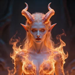 A portrait of a tiefling woman made out out translucent fire with curving horns and blank eyes, 4k