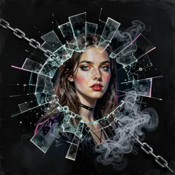 girl from fight club, mixed media collage, assemblage, photomontage, minimalist, contemporary art, punk art, photorealistic, portrait, expressionism, masterpiece, dynamic composition, spectacular quality, intricate oil details, shattered glass texture, neon, chains, smoke, solid black background, contrasted, harmonic colors