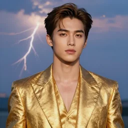 sam hyde wearing luxurious gold suit, sigma male, accurately portrayed, portrait art by tran nguyen and claude monet, highly detailed, illustration, ethereal lighting with twilight rays of lightning, very detailed, smooth, close up