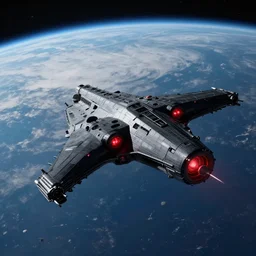a black Star destroyer with red lights hovering over a planet