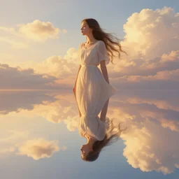 symmetry!! surreal landscape of a dreamy girl, dreamscape, very detailed, serene, peaceful, golden hour, clouds, perfect lighting, perfect composition, digital art, illustration, artstation, artgerm, derek zabrocki, greg rutkowski, 4 k