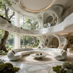 highly detailed villa natural beautiful light interior soft cinematic composition of a smooth ceramic porcelain biomorphic magnolia stone nebula fluid sci - fi surreal architecture landscape, furniture, granite, trees, marble, moss, lichen, fungi, vincent callebaut composition, mamou - mani, archviz, 8 k, unreal engine, hdr