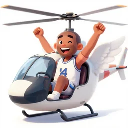 kobe sitting in a helicopter, angel, uplifting, happy, smile, caricature