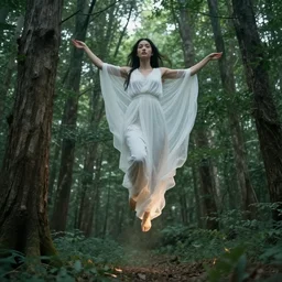 apparition of a goddess descending over a forest to deliver advice