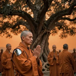 hyperrealistic hyper detailed 35mm portrait of handsome cyborg monks praying to a giant oak tree matte painting concept art key sage jeff koons very dramatic orange lighting low angle hd 8k sharp shallow depth of field
