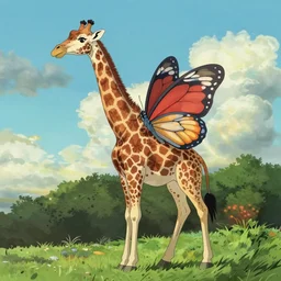 giraffe with butterfly wings on its back, full body shot, wings, by studio ghibli